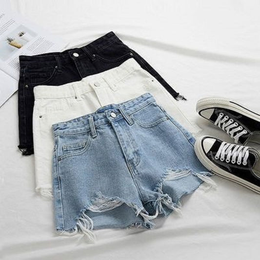 High-Waisted Denim Shorts With Cotton Holes And Women'S Summer Wild Thin A-Line Pants With Raw Edges