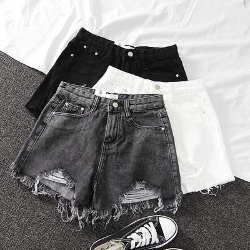 High-Waisted Denim Shorts With Cotton Holes And Women'S Summer Wild Thin A-Line Pants With Raw Edges