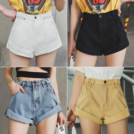 High Waist Denim Shorts Women'S Elastic Waist Waist Cuffed Wide Leg Pants Shorts Loose