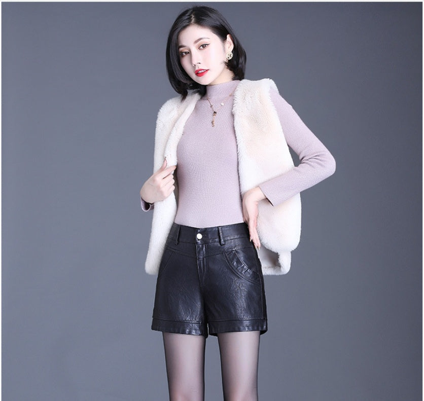 Black Wide-leg Slim High-waist Leather Shorts