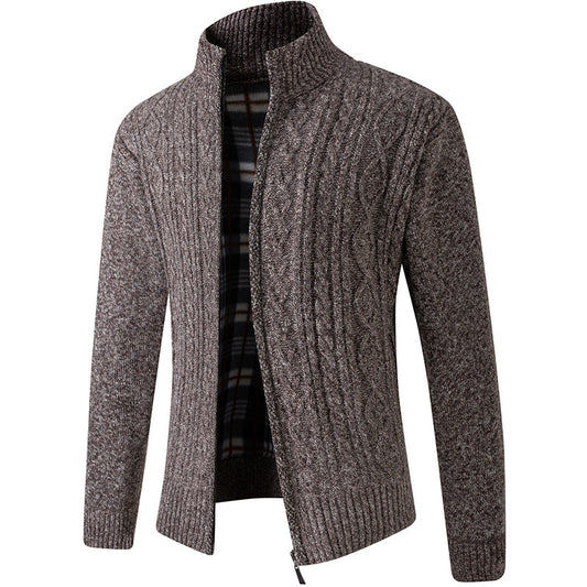 Herre Strikket Cardigan Med Ståkrave, Foret Med Plus Fløjl