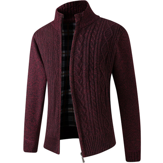 Herre Strikket Cardigan Med Ståkrave, Foret Med Plus Fløjl
