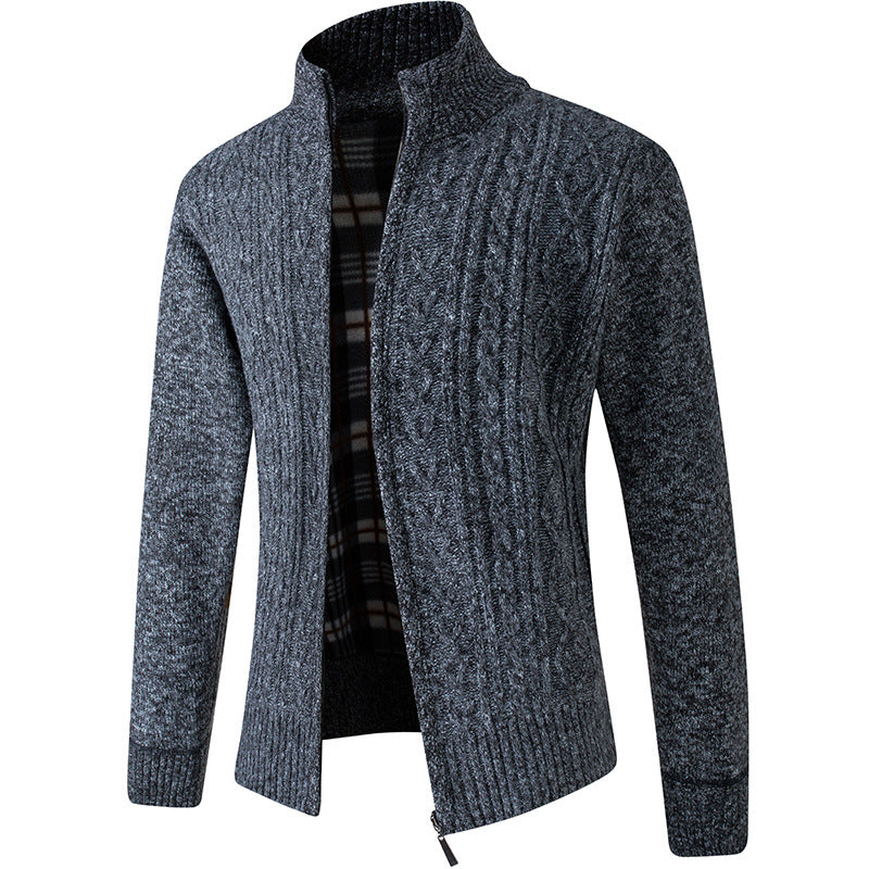 Men'S Plus Velvet Padded Stand Collar Knitted Cardigan