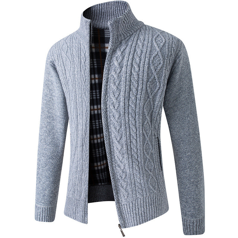 Men'S Plus Velvet Padded Stand Collar Knitted Cardigan