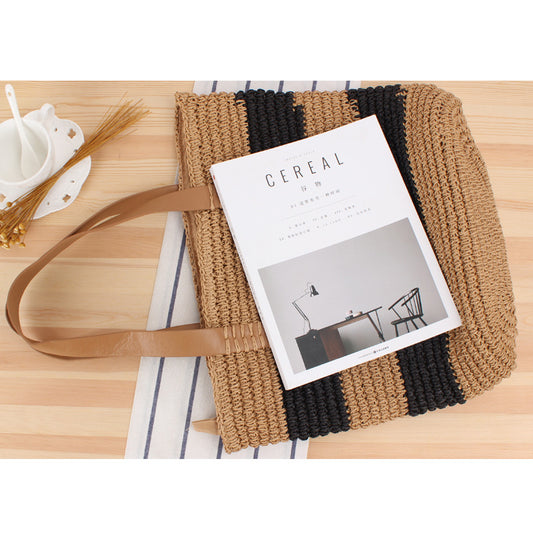 Simple And Generous Striped Woven Bag Shoulder Straw Bag