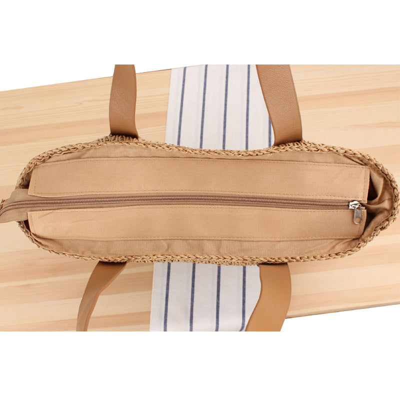 Simple And Generous Striped Woven Bag Shoulder Straw Bag