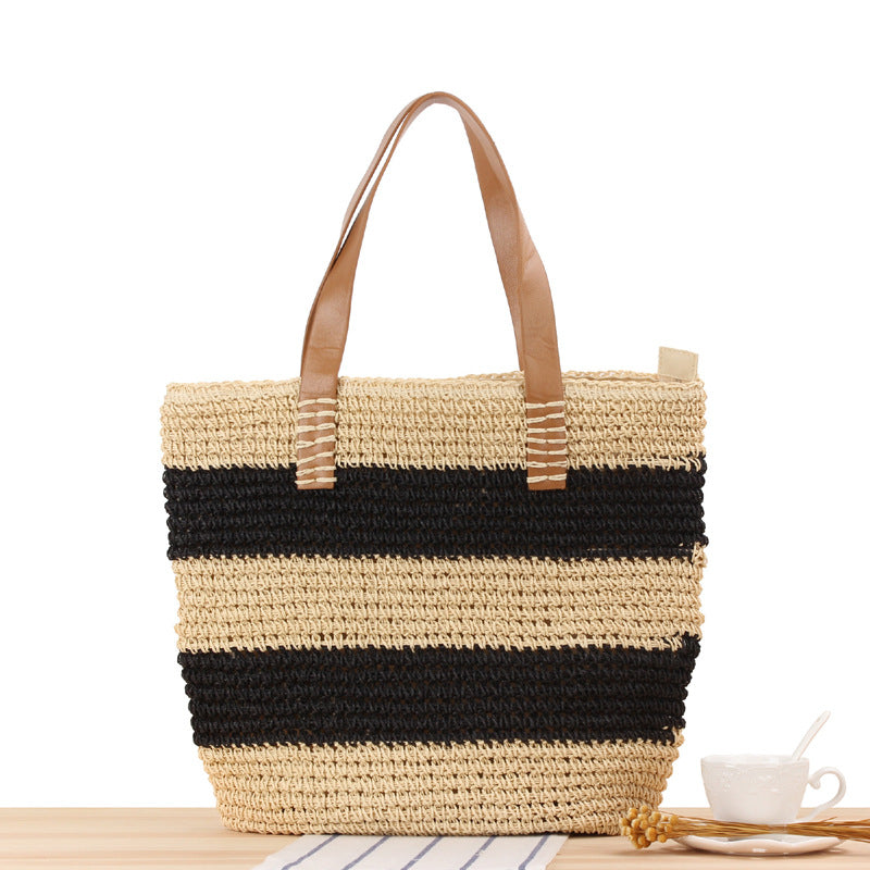 Simple And Generous Striped Woven Bag Shoulder Straw Bag