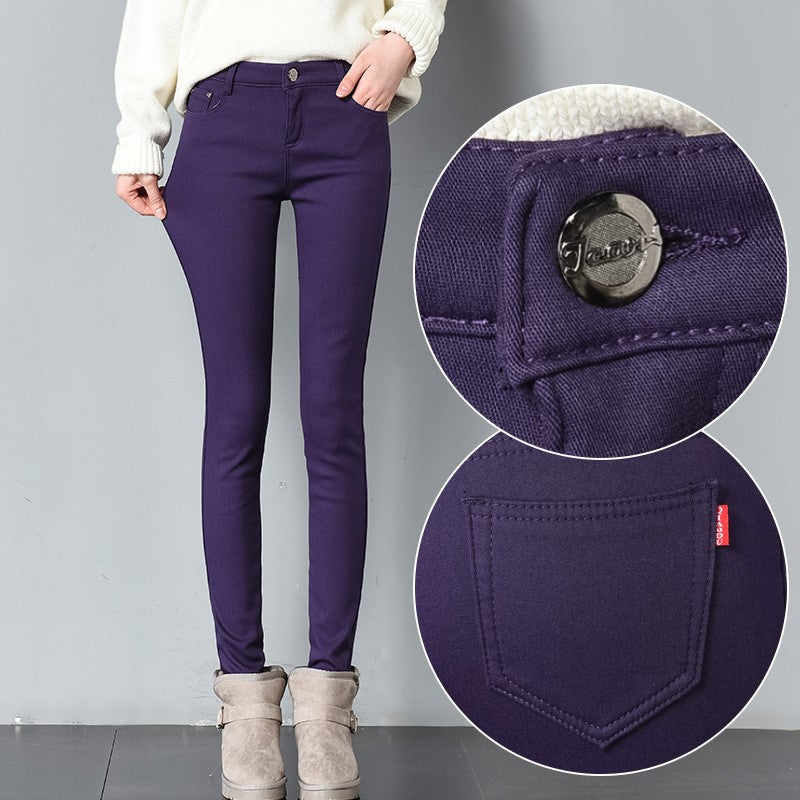 Thick pencil outer wear denim and long plus velvet boots