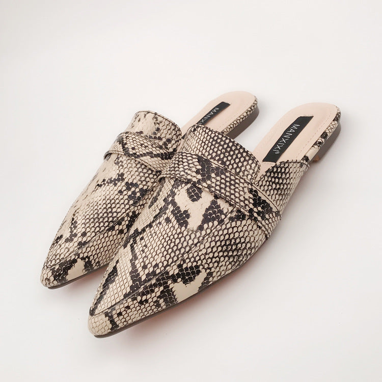 Snakeskin Pattern Deep Mouth Flat Sandals And Slippers