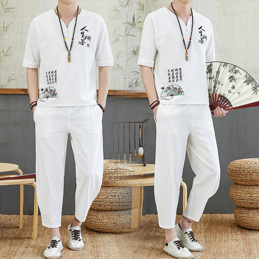 Embroidered Retro Cotton And Linen Short-sleeved T-shirt Casual Loose Trend Tang Suit