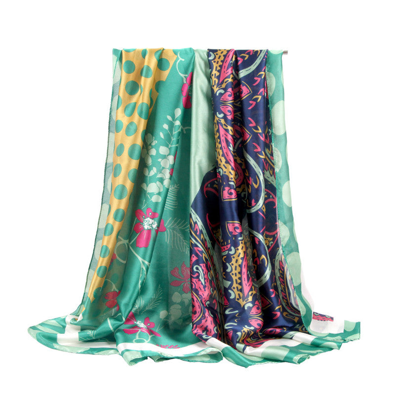 Silk Satin Cashew Flower Polka Dot Print Stitching Scarf