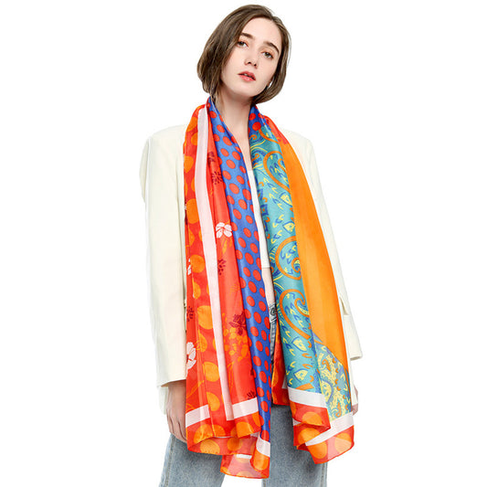 Silk Satin Cashew Flower Polka Dot Print Stitching Scarf