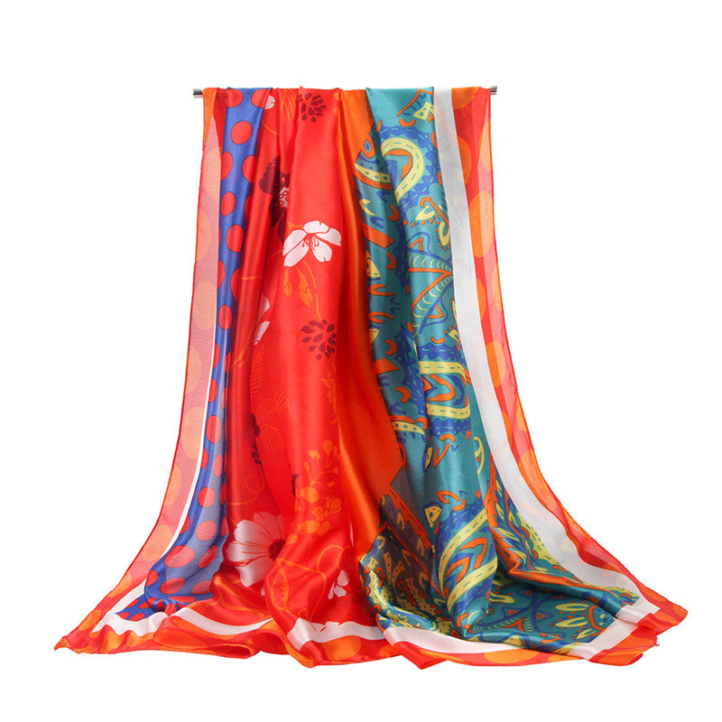 Silk Satin Cashew Flower Polka Dot Print Stitching Scarf