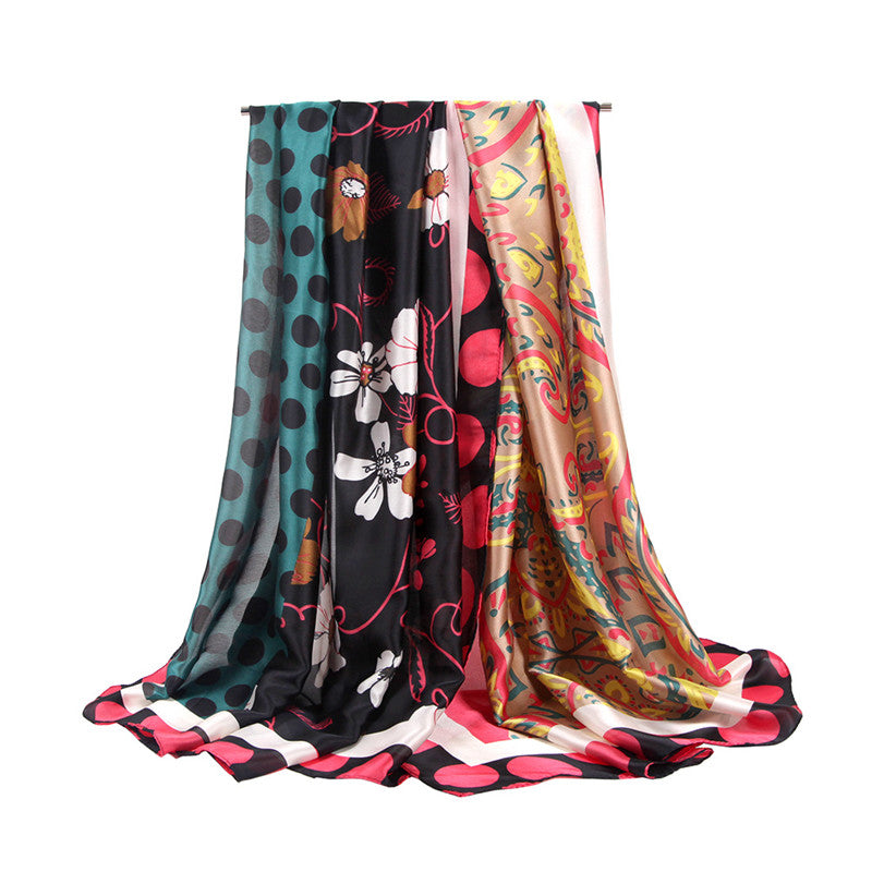 Silk Satin Cashew Flower Polka Dot Print Stitching Scarf