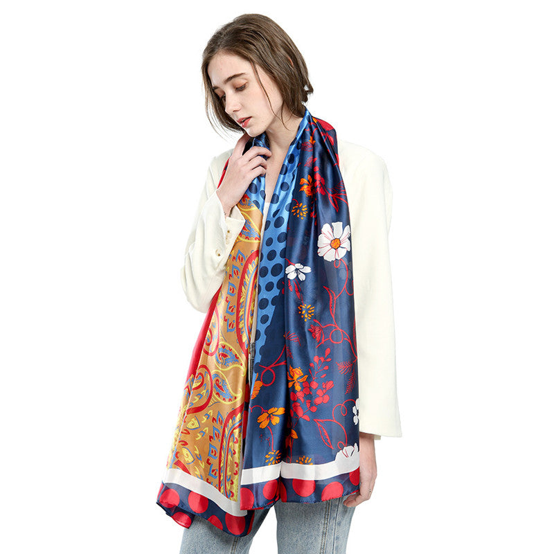 Silk Satin Cashew Flower Polka Dot Print Stitching Scarf