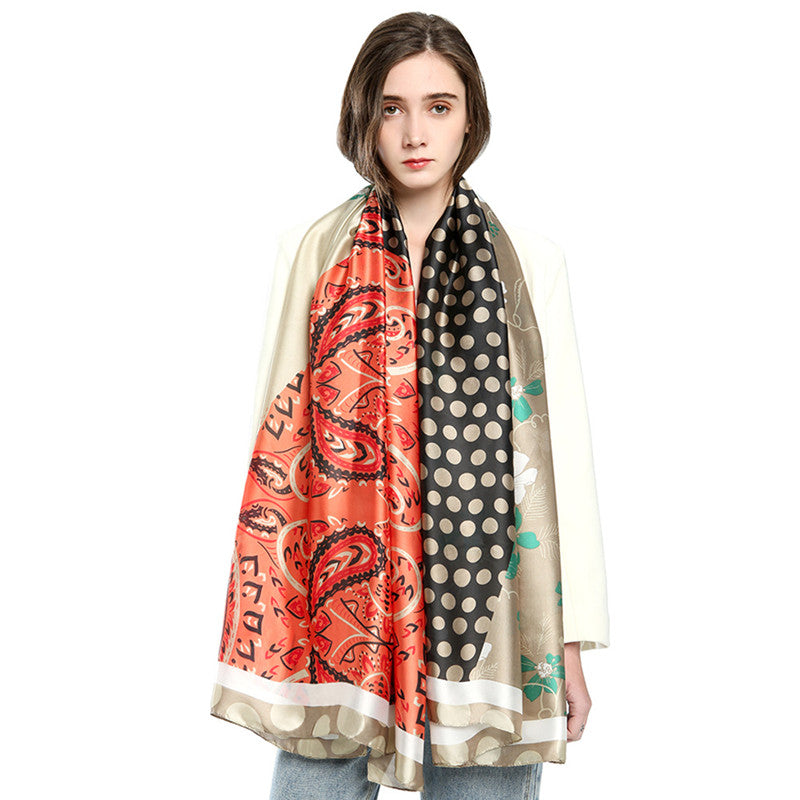 Silk Satin Cashew Flower Polka Dot Print Stitching Scarf
