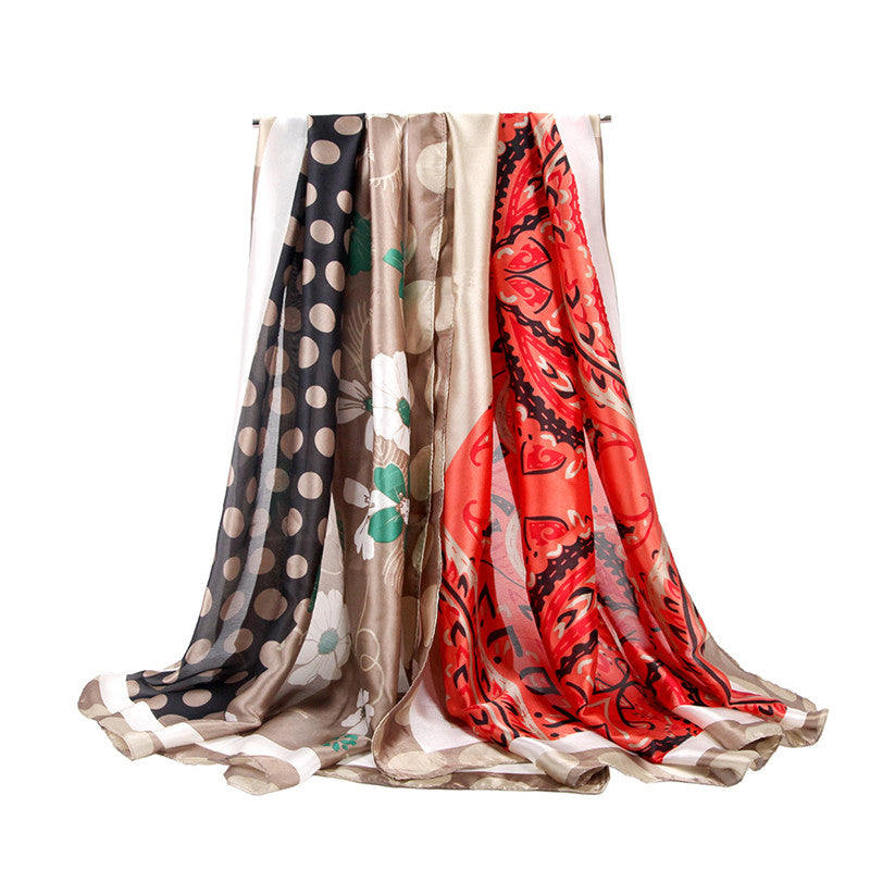 Silk Satin Cashew Flower Polka Dot Print Stitching Scarf
