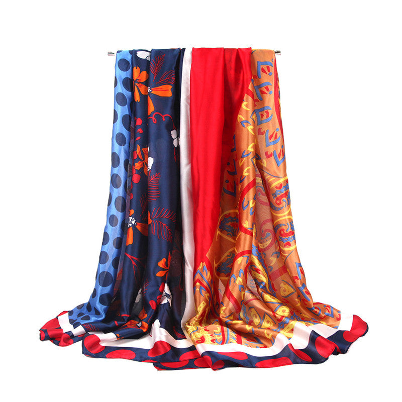Silk Satin Cashew Flower Polka Dot Print Stitching Scarf