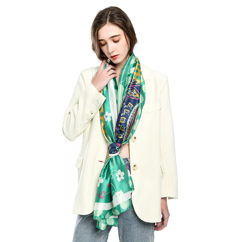 Silk Satin Cashew Flower Polka Dot Print Stitching Scarf
