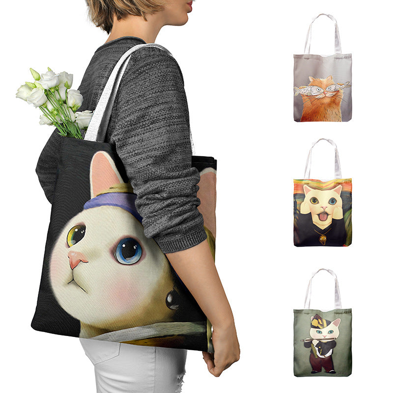 Creative Cute Cat Print Tote Canvas Bag Custom Logo One-shoulder Shopping Canvas Bag
