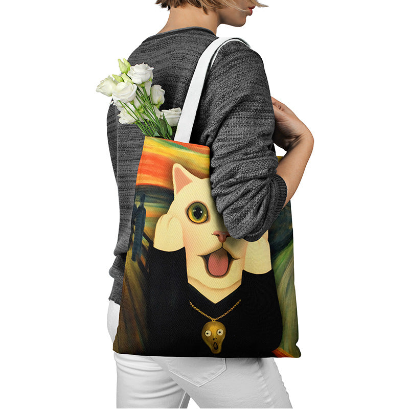 Creative Cute Cat Print Tote Canvas Bag Custom Logo One-shoulder Shopping Canvas Bag