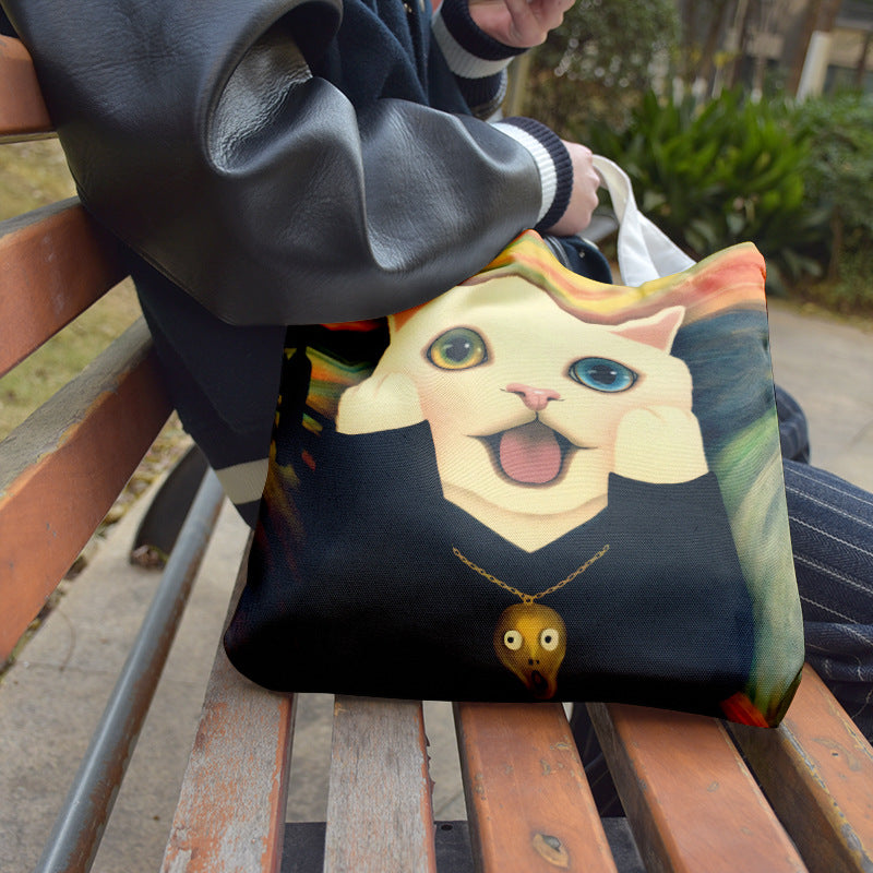 Creative Cute Cat Print Tote Canvas Bag Custom Logo One-shoulder Shopping Canvas Bag
