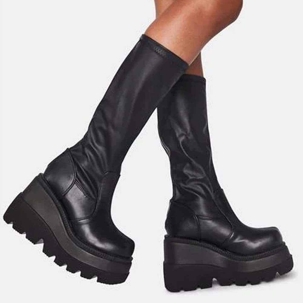 Ladies Fashion Platform Boots Chunky Heel Wedges Mid Calf Women