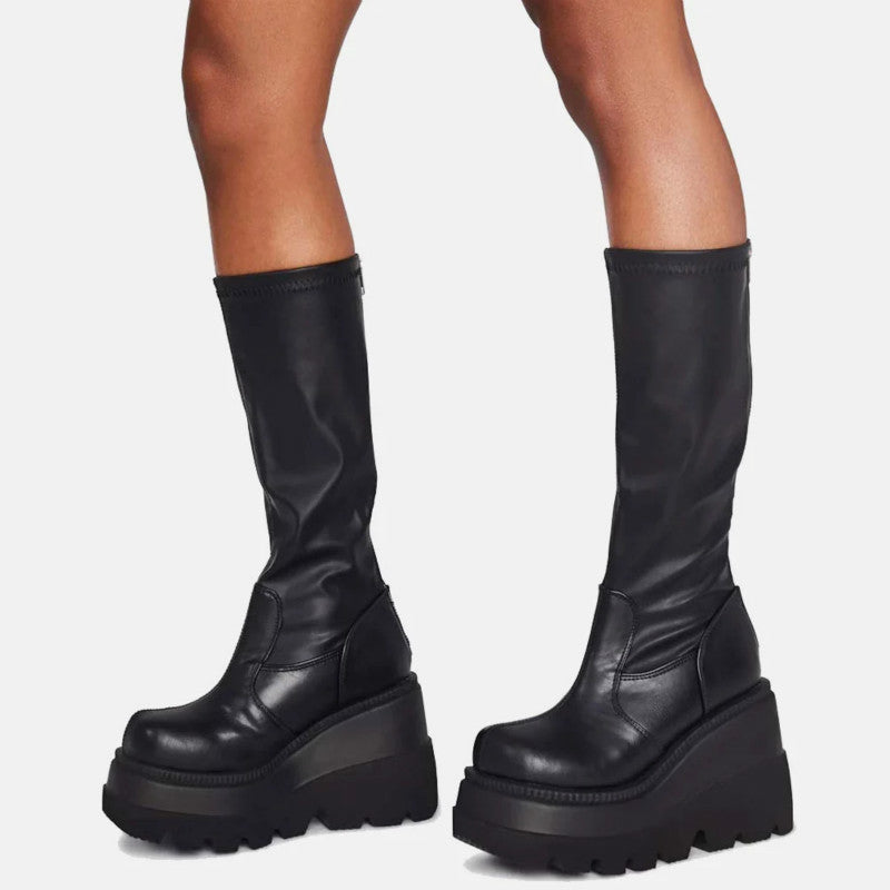 Ladies Fashion Platform Boots Chunky Heel Wedges Mid Calf Women