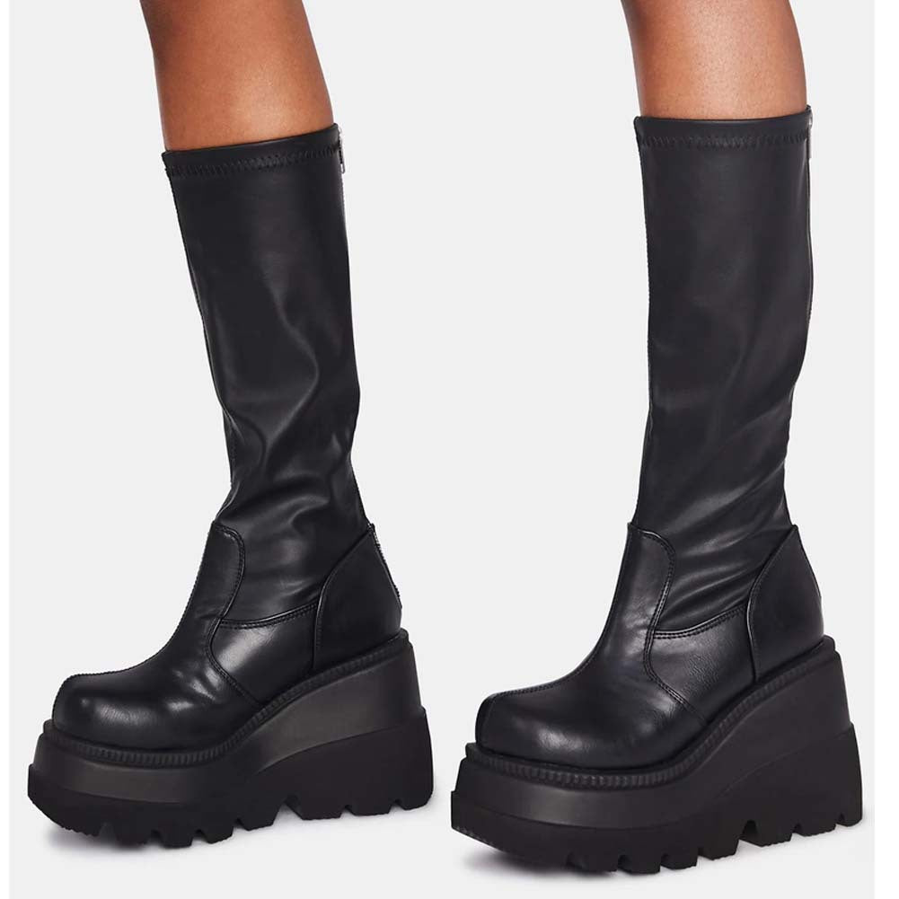 Ladies Fashion Platform Boots Chunky Heel Wedges Mid Calf Women