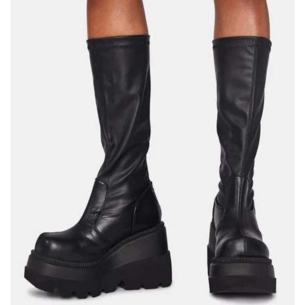 Ladies Fashion Platform Boots Chunky Heel Wedges Mid Calf Women