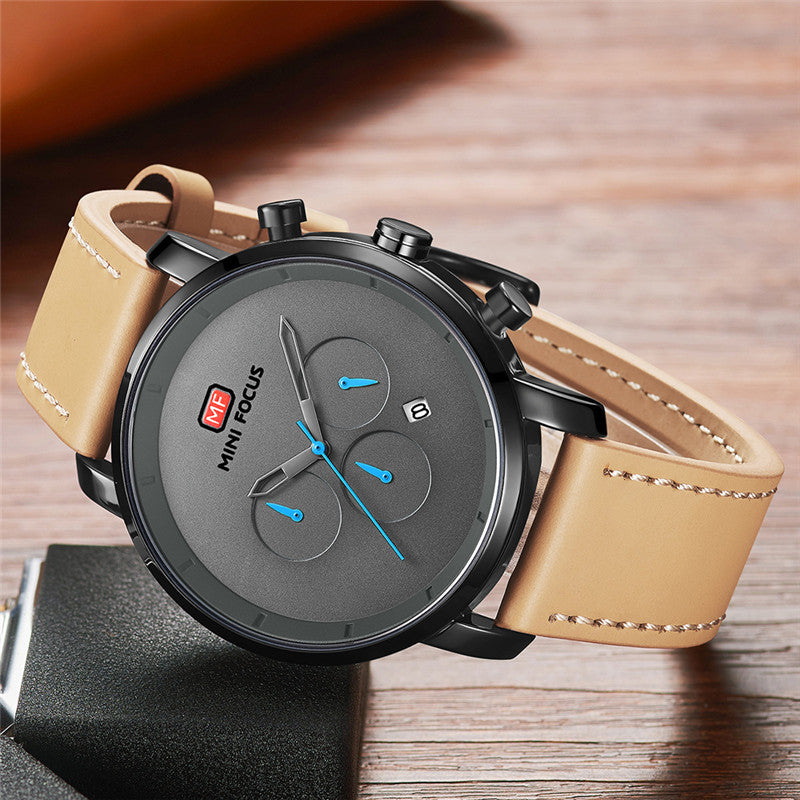 Multi-function Movement Calendar Waterproof Leather Strap