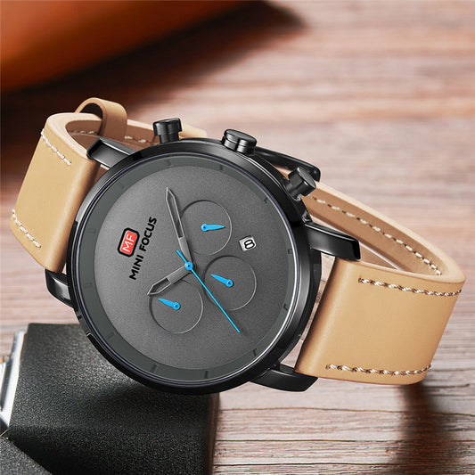 Multi-function Movement Calendar Waterproof Leather Strap