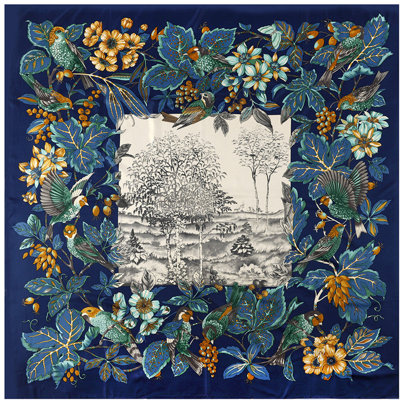 Women'S Scarves Jungle Flower And Bird Print  Twill Silk Simulation Square Scarf Shawl Scarf