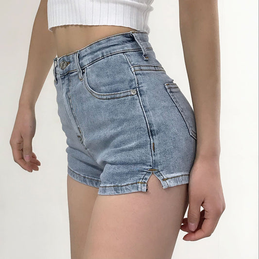 High Waist Slim Denim Shorts With Side Slits