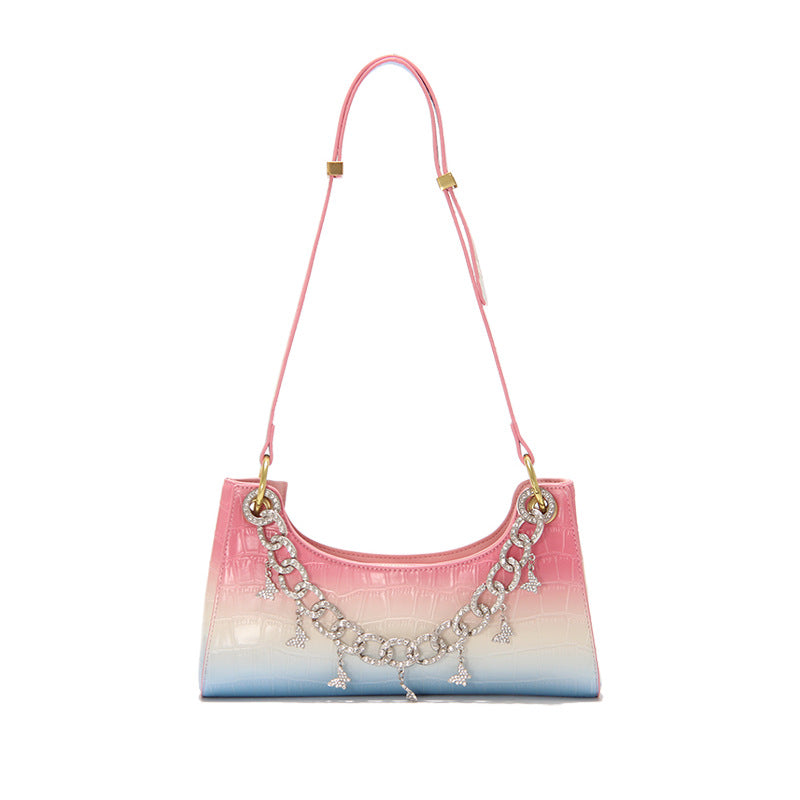 Rainbow Baguette Croc Froggy Gradient Women Shoulder Bags New Fashion Handbag Pearl Chain Diamond Metal Female Bag Summer