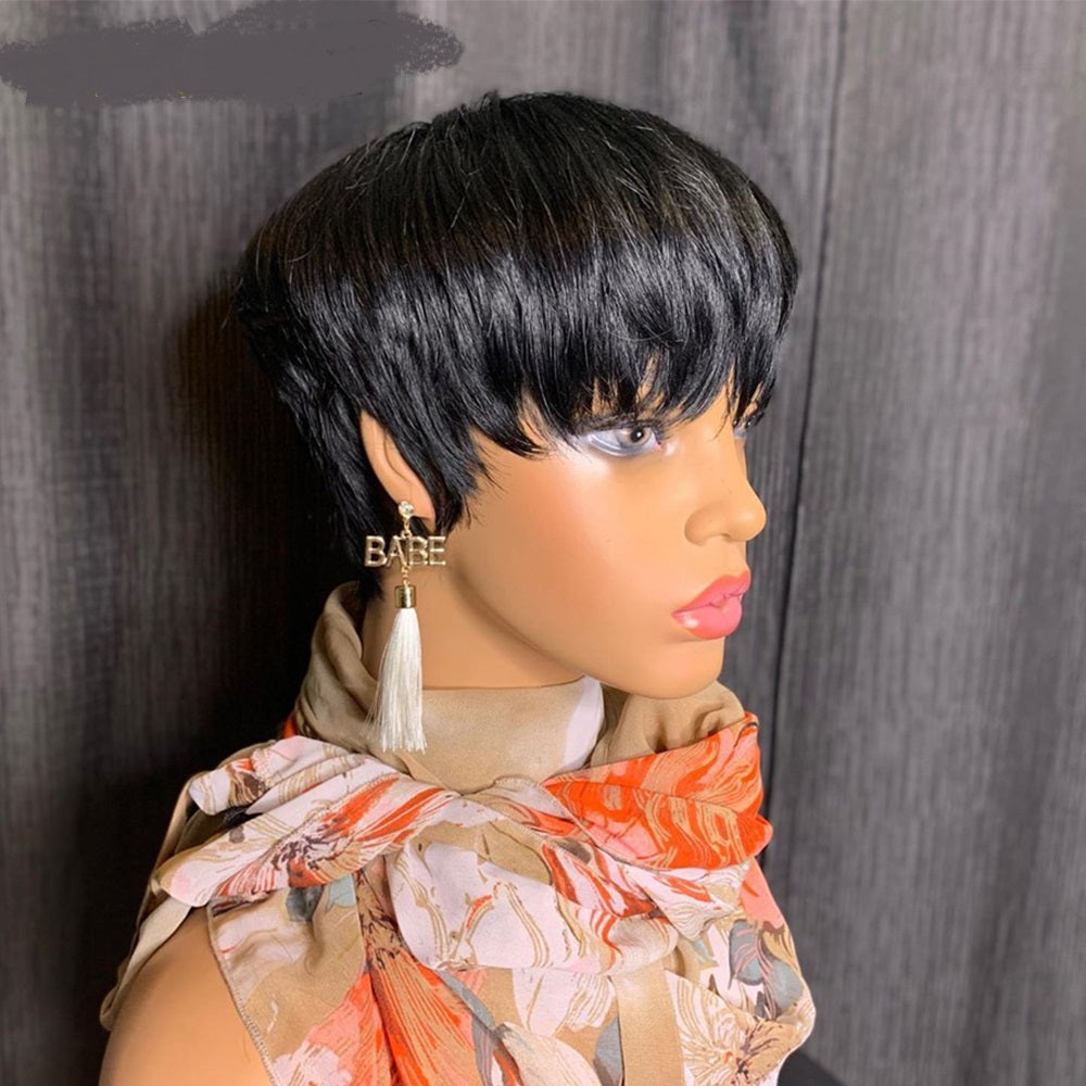 Female Machine-Made Chemical Fiber Hair Black Short Straight Hair Wig