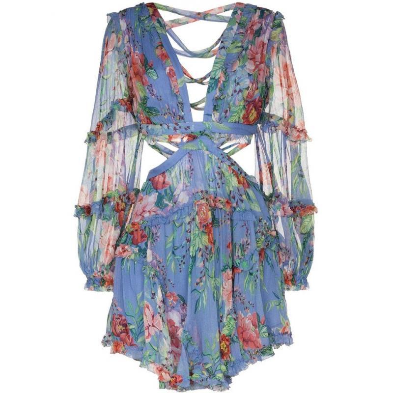 Blå Blomstret Langærmet Jumpsuit med V-ryg og Nederdel