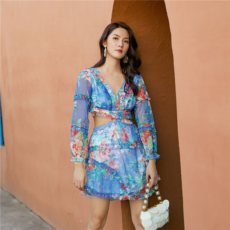 Blå Blomstret Langærmet Jumpsuit med V-ryg og Nederdel