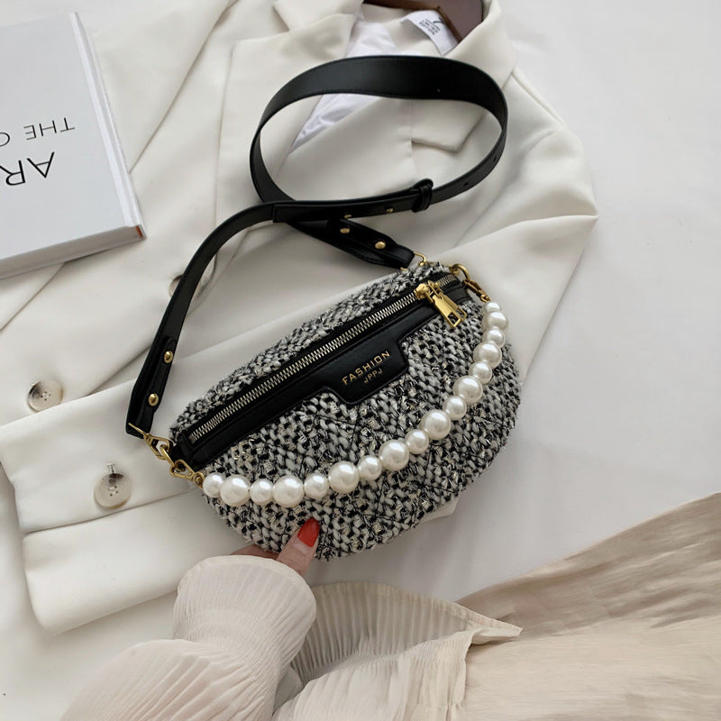 Fashion Contrast Color Pearl Wide Shoulder Strap Shoulder Bag