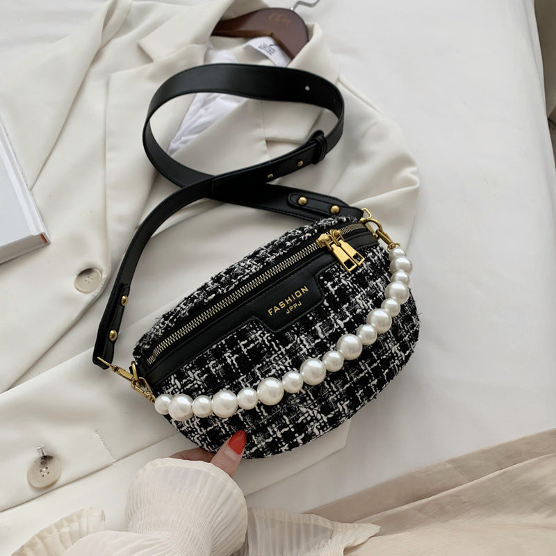 Fashion Contrast Color Pearl Wide Shoulder Strap Shoulder Bag
