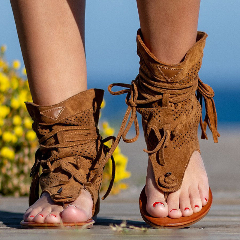 Large Size Fringe Strap Toe Clipping Women'S Flat Shoes And Sandals