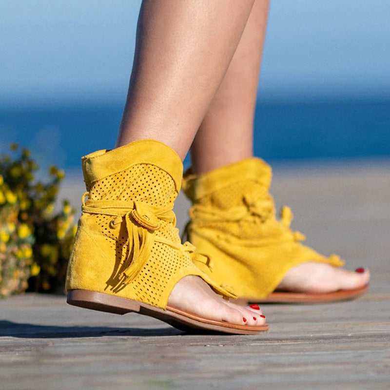 Large Size Fringe Strap Toe Clipping Women'S Flat Shoes And Sandals