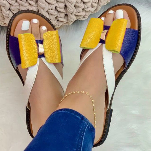Women's Sandals And Slippers With Flat Color Matching Bow