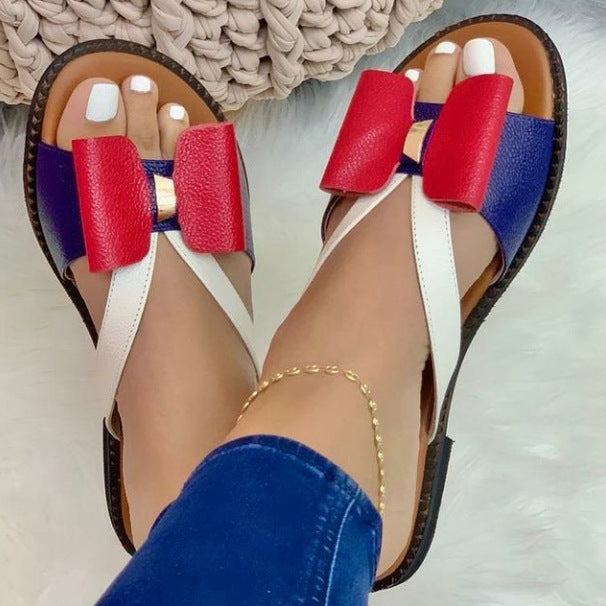 Women's Sandals And Slippers With Flat Color Matching Bow