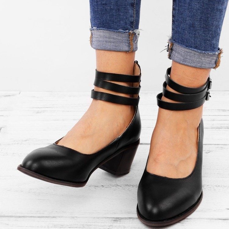 Women's Shoes Black One Word Buckle Single Shoes High Heels Thick Heel