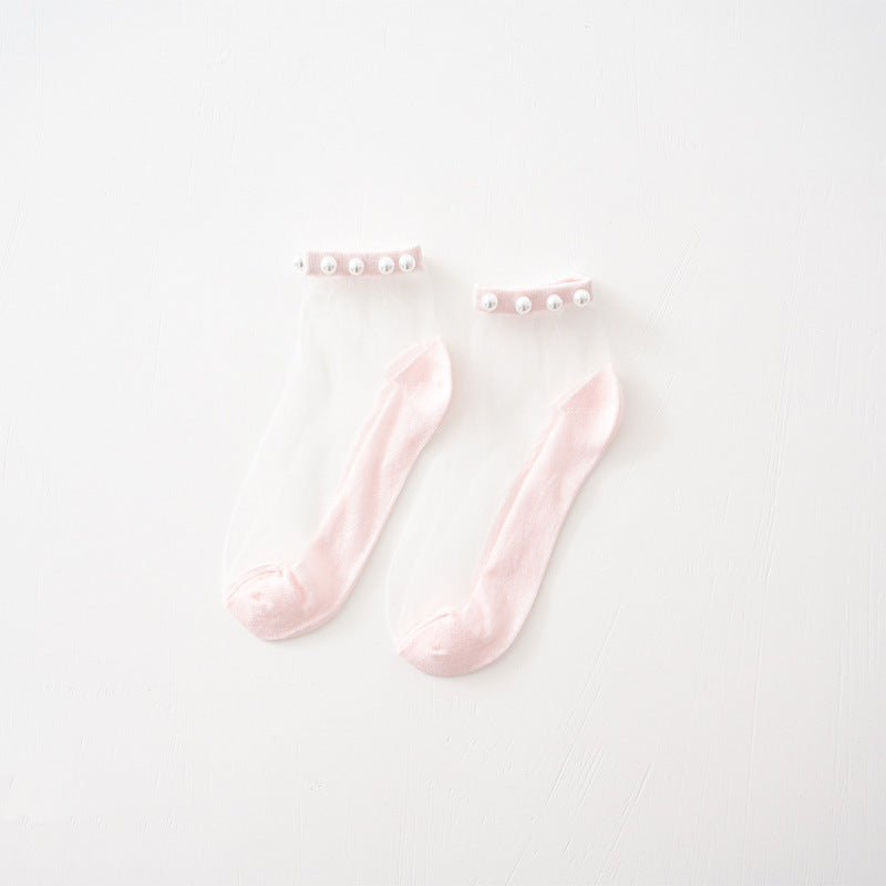 Pearl Socks Women'S Socks Shallow Mouth Lace Mesh Transparent Glass Yarn