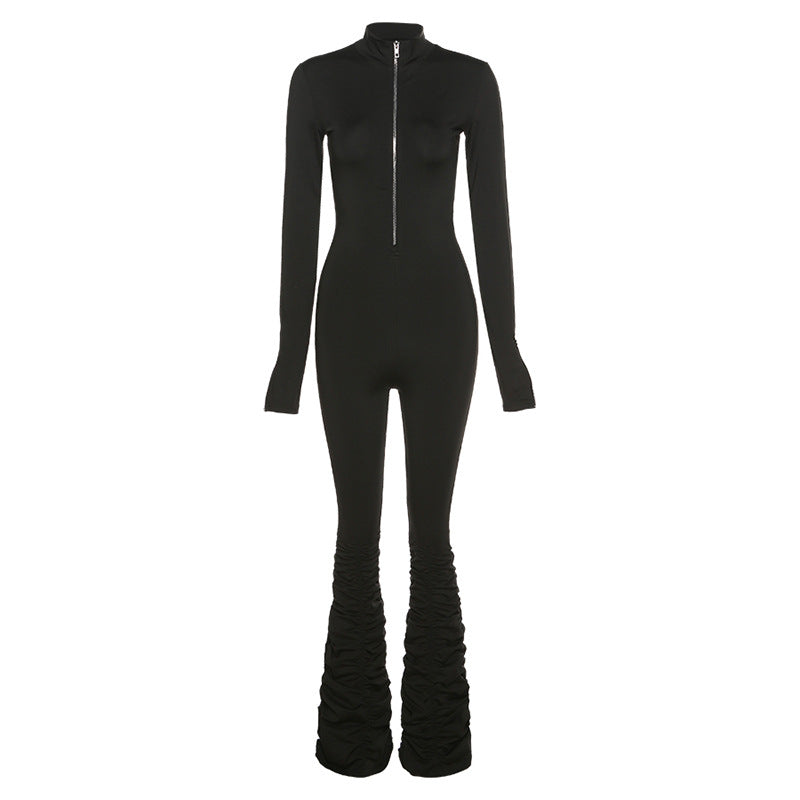 Fashion Stand-Up Collar Zipper Pleated Sports Jumpsuit