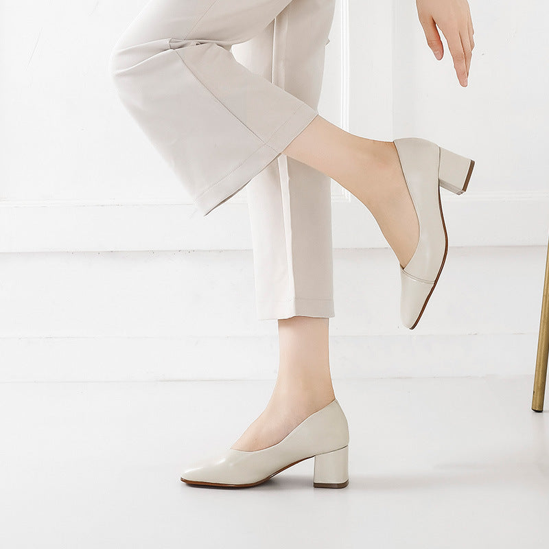 Square Toe Mid-Heel High Heel Shallow Mouth Leather Women's Singles Shoes