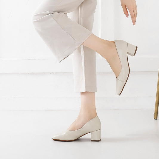 Square Toe Mid-Heel High Heel Shallow Mouth Leather Women's Singles Shoes