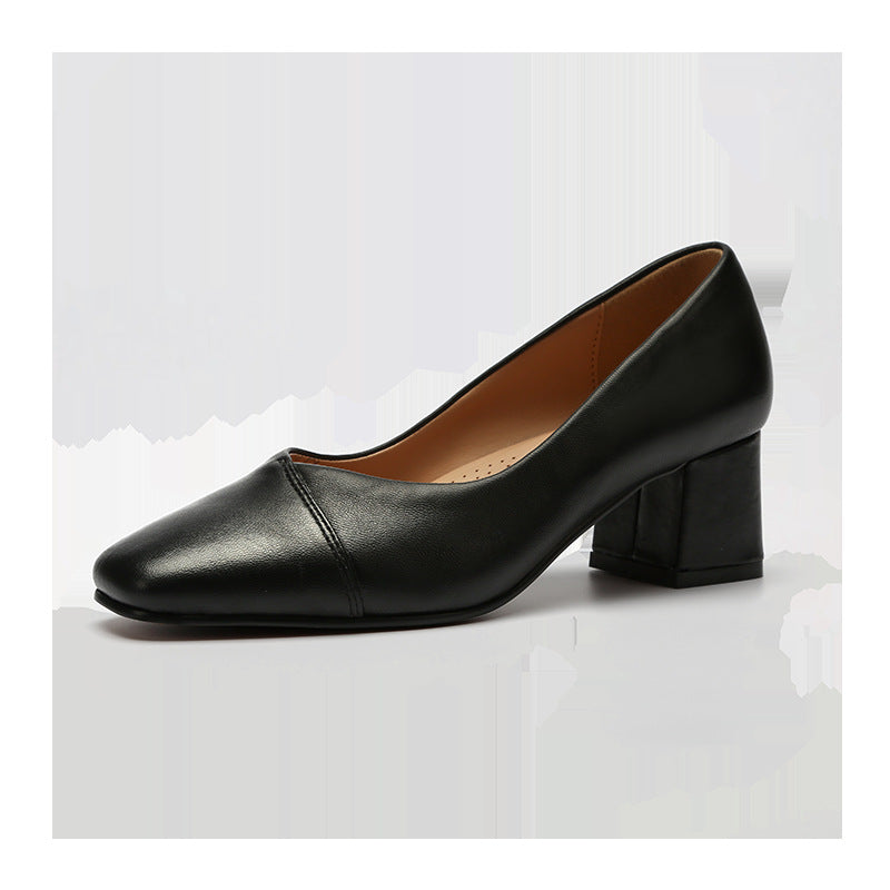 Square Toe Mid-Heel High Heel Shallow Mouth Leather Women's Singles Shoes
